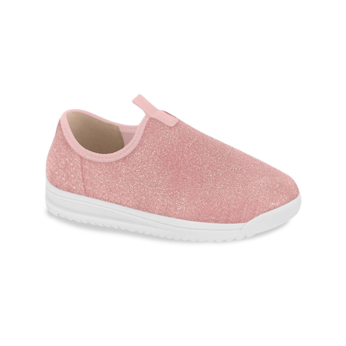Tênis infantil Molekinha Slip On rosa com glitter, vista lateral, fundo branco
